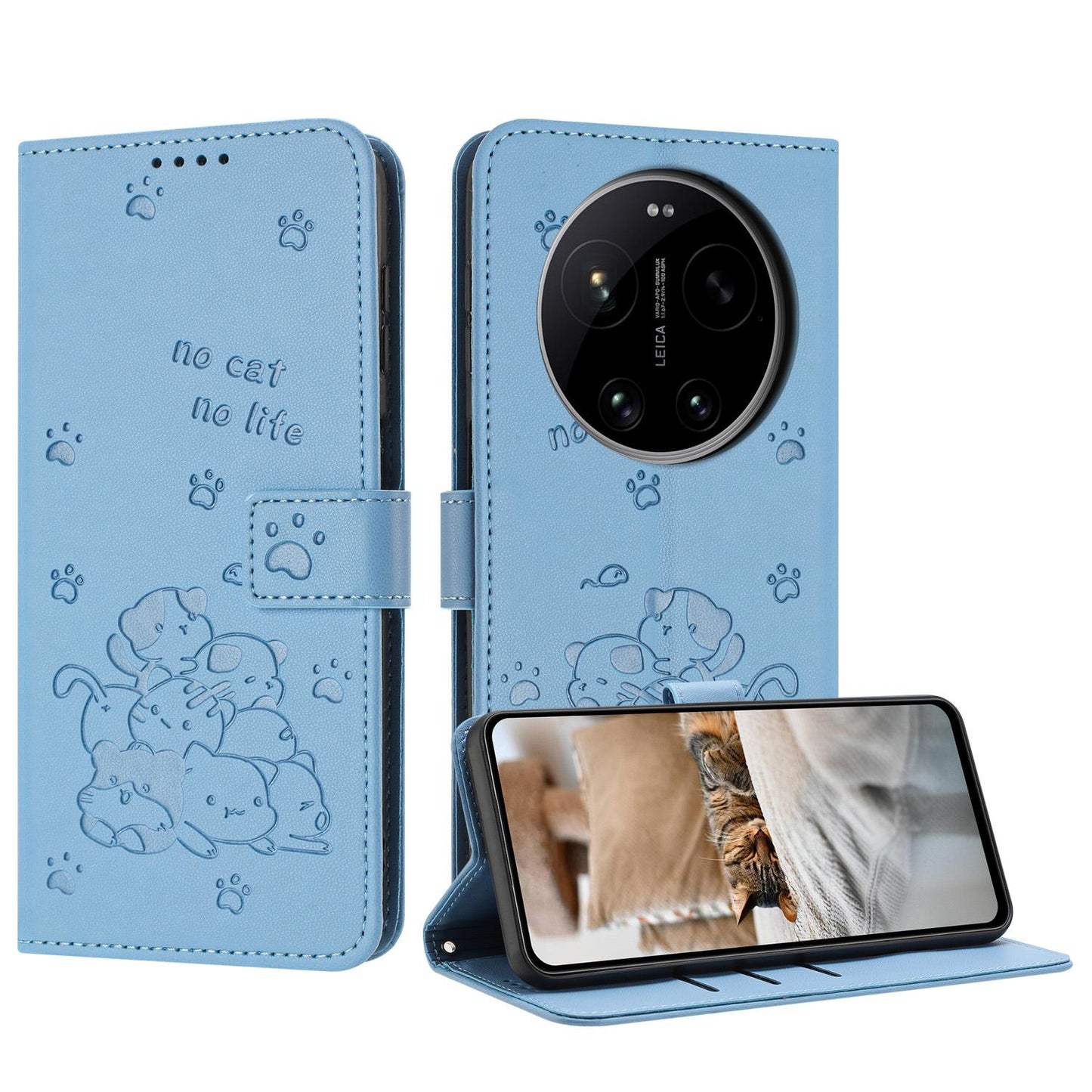 Xiaomi 17 Ultra Embossed Kitten PU Leather Wallet Case with Card Slots, Cash Pocket, Kickstand Function, Wrist Lanyard Strap, Full Protective TPU Flip Cover