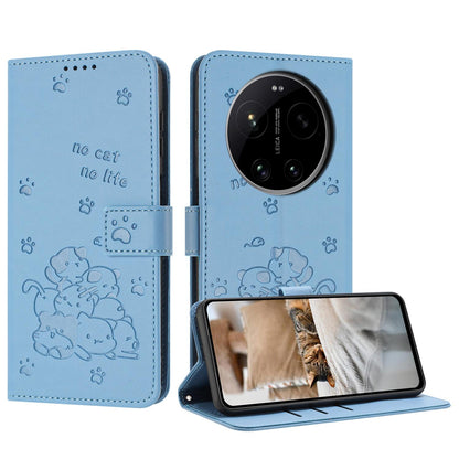 Xiaomi 17 Ultra Embossed Kitten PU Leather Wallet Case with Card Slots, Cash Pocket, Kickstand Function, Wrist Lanyard Strap, Full Protective TPU Flip Cover