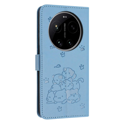 Xiaomi 17 Ultra Embossed Kitten PU Leather Wallet Case with Card Slots, Cash Pocket, Kickstand Function, Wrist Lanyard Strap, Full Protective TPU Flip Cover