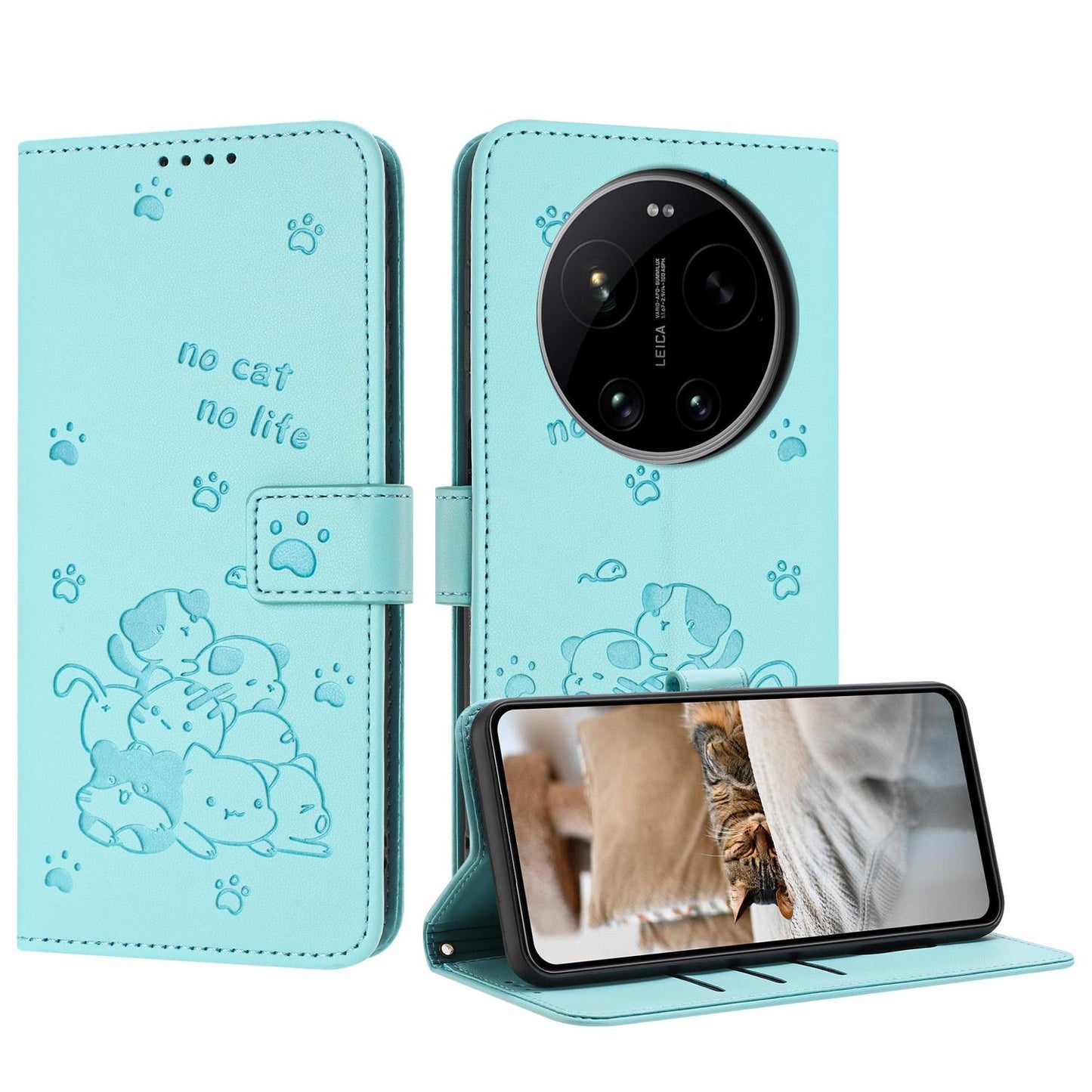Xiaomi 17 Ultra Embossed Kitten PU Leather Wallet Case with Card Slots, Cash Pocket, Kickstand Function, Wrist Lanyard Strap, Full Protective TPU Flip Cover