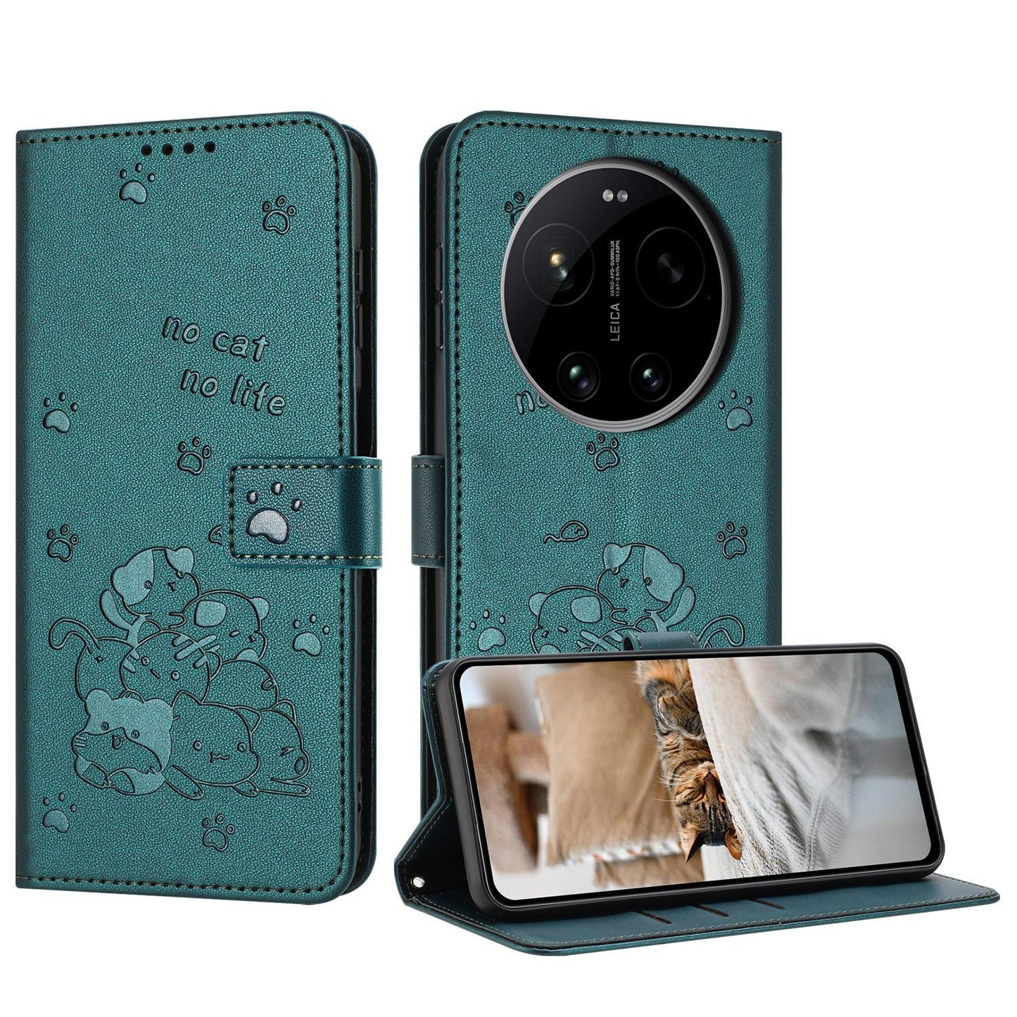 Xiaomi 17 Ultra Embossed Kitten PU Leather Wallet Case with Card Slots, Cash Pocket, Kickstand Function, Wrist Lanyard Strap, Full Protective TPU Flip Cover