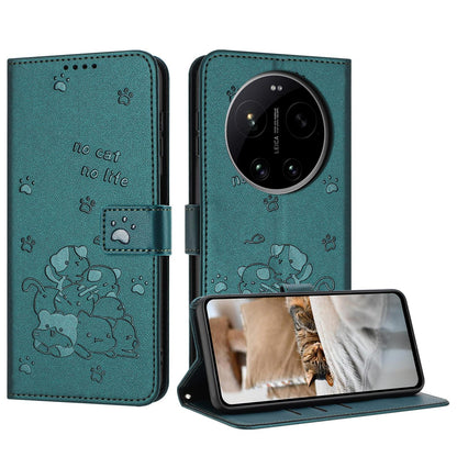 Xiaomi 17 Ultra Embossed Kitten PU Leather Wallet Case with Card Slots, Cash Pocket, Kickstand Function, Wrist Lanyard Strap, Full Protective TPU Flip Cover