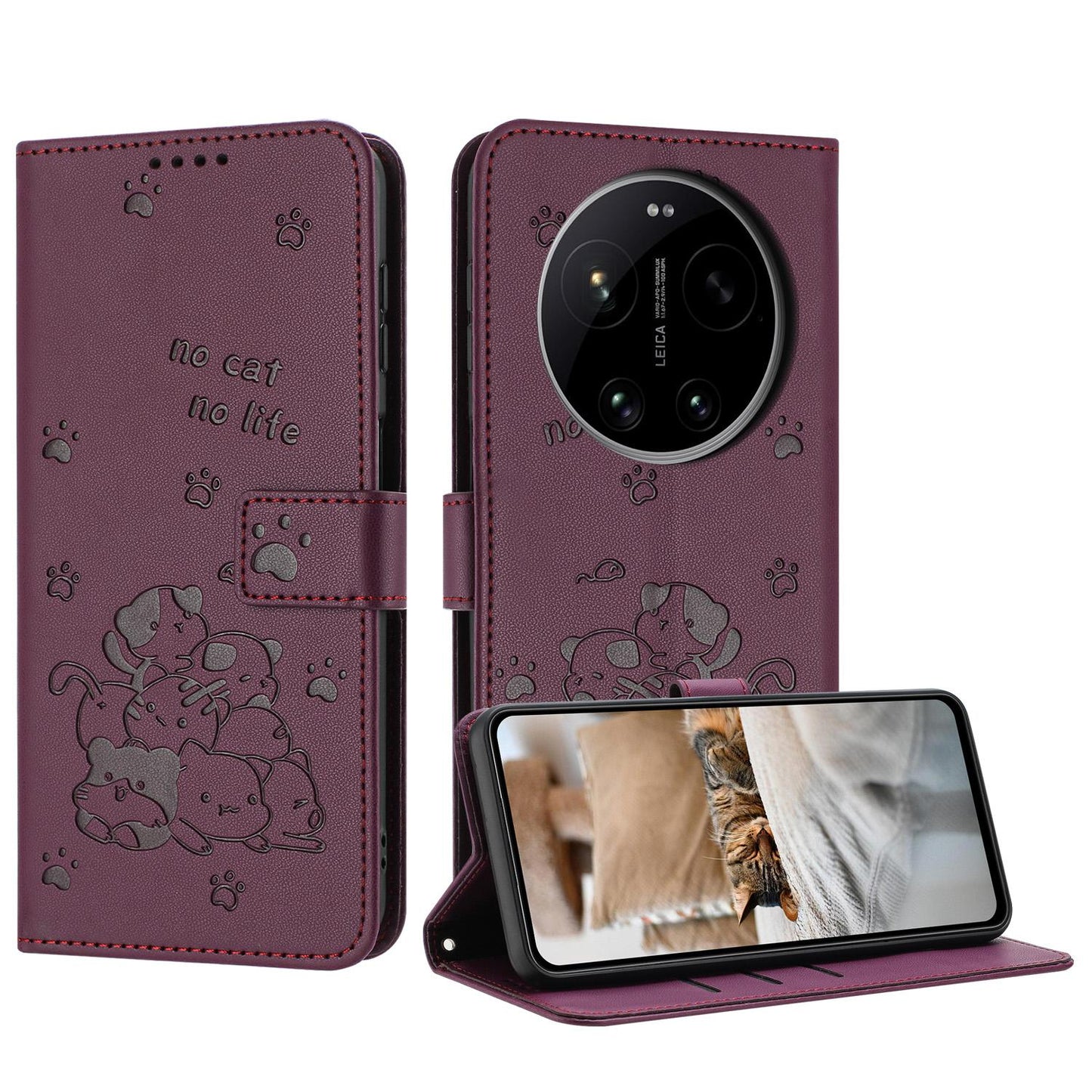 Xiaomi 17 Ultra Embossed Kitten PU Leather Wallet Case with Card Slots, Cash Pocket, Kickstand Function, Wrist Lanyard Strap, Full Protective TPU Flip Cover