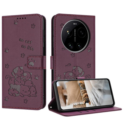 Xiaomi 17 Ultra Embossed Kitten PU Leather Wallet Case with Card Slots, Cash Pocket, Kickstand Function, Wrist Lanyard Strap, Full Protective TPU Flip Cover