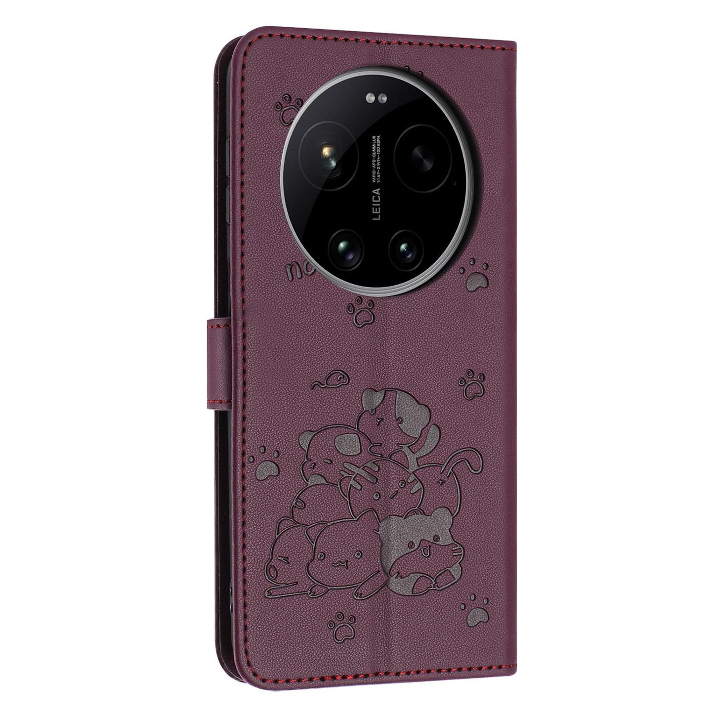 Xiaomi 17 Ultra Embossed Kitten PU Leather Wallet Case with Card Slots, Cash Pocket, Kickstand Function, Wrist Lanyard Strap, Full Protective TPU Flip Cover