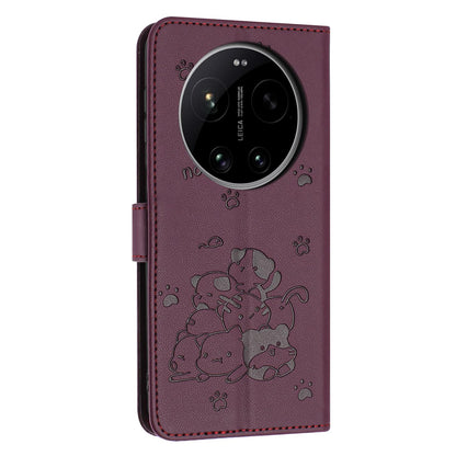 Xiaomi 17 Ultra Embossed Kitten PU Leather Wallet Case with Card Slots, Cash Pocket, Kickstand Function, Wrist Lanyard Strap, Full Protective TPU Flip Cover
