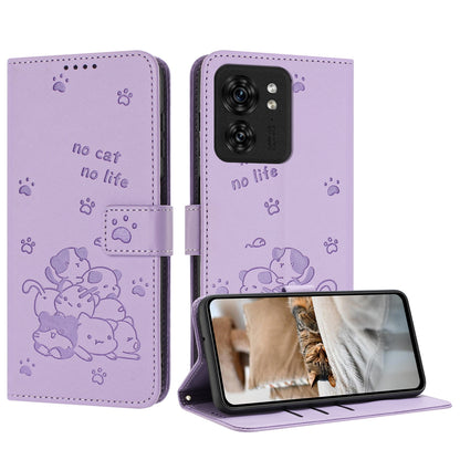 Motorola Edge 40 Embossed Kitten PU Leather Wallet Case with Card Slots, Cash Pocket, Kickstand Function, Wrist Lanyard Strap, Full Protective TPU Flip Cover