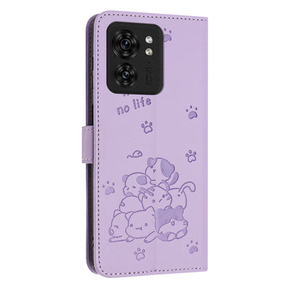 Motorola Edge 40 Embossed Kitten PU Leather Wallet Case with Card Slots, Cash Pocket, Kickstand Function, Wrist Lanyard Strap, Full Protective TPU Flip Cover