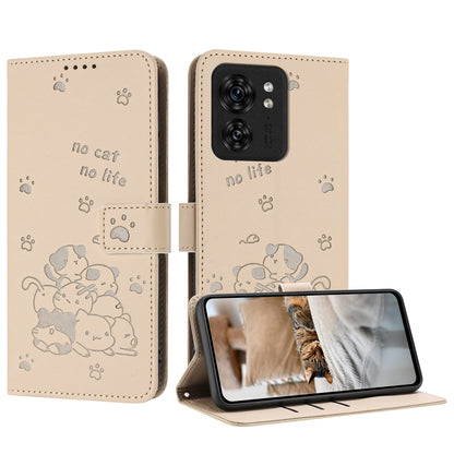 Motorola Edge 40 Embossed Kitten PU Leather Wallet Case with Card Slots, Cash Pocket, Kickstand Function, Wrist Lanyard Strap, Full Protective TPU Flip Cover
