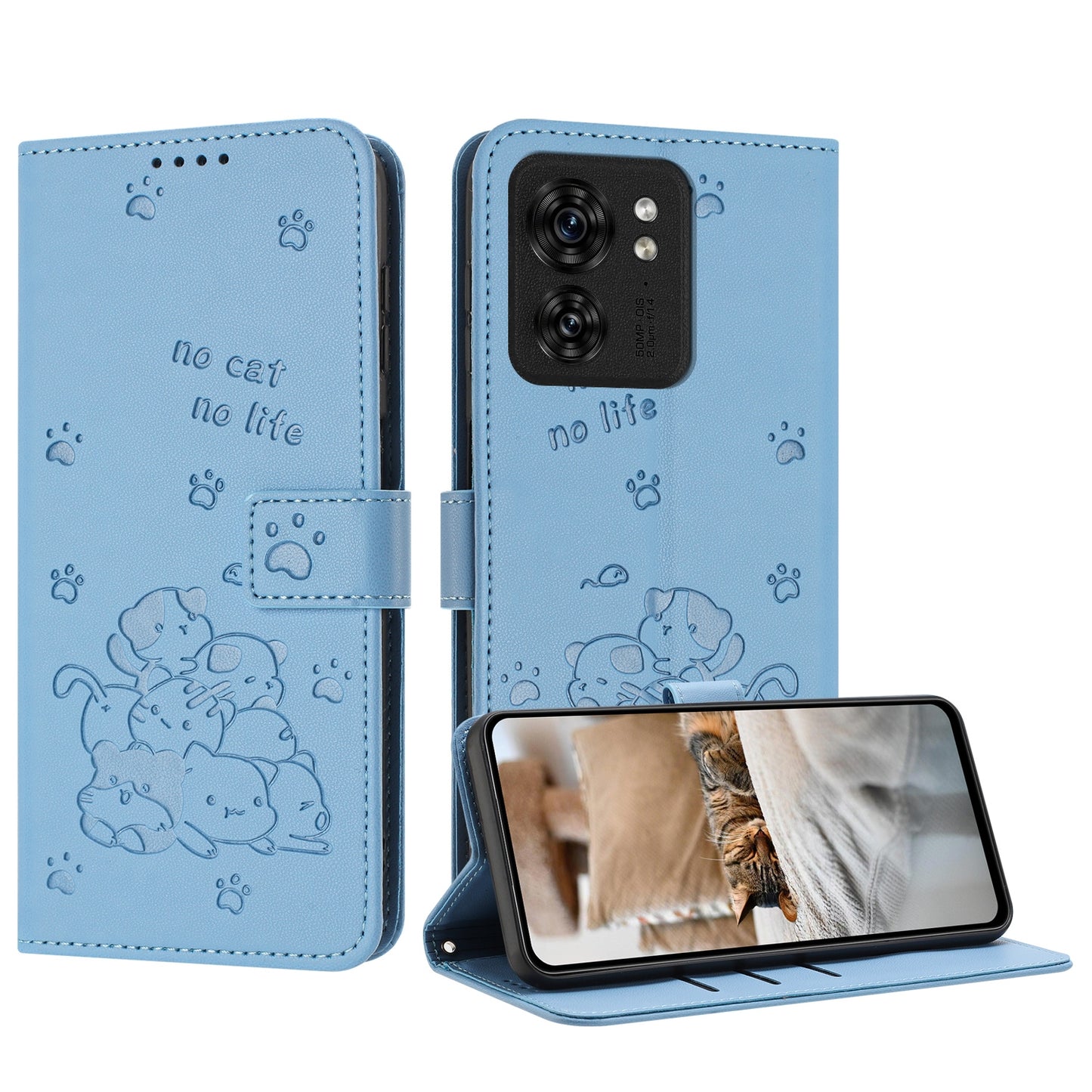 Motorola Edge 40 Embossed Kitten PU Leather Wallet Case with Card Slots, Cash Pocket, Kickstand Function, Wrist Lanyard Strap, Full Protective TPU Flip Cover