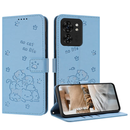 Motorola Edge 40 Embossed Kitten PU Leather Wallet Case with Card Slots, Cash Pocket, Kickstand Function, Wrist Lanyard Strap, Full Protective TPU Flip Cover