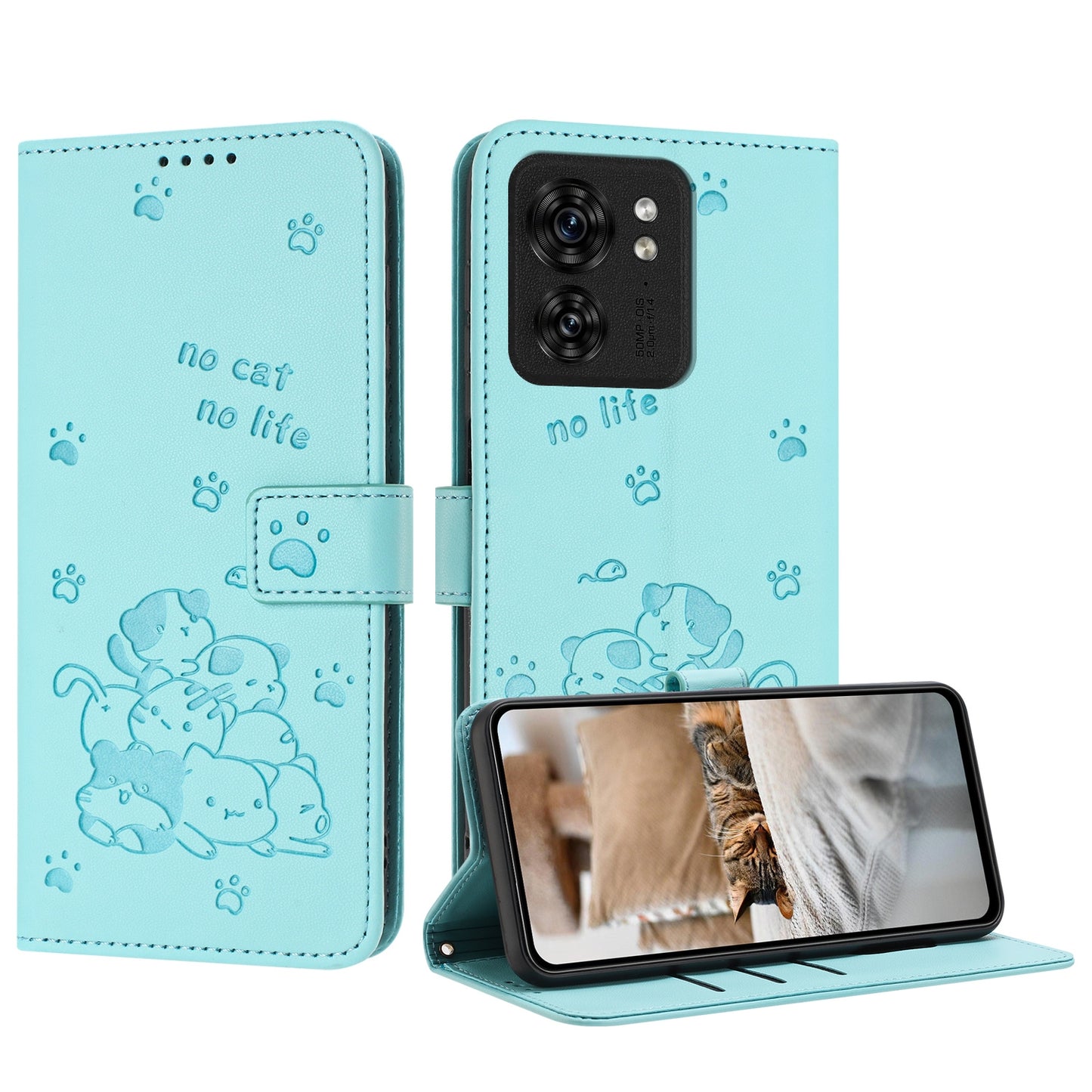 Motorola Edge 40 Embossed Kitten PU Leather Wallet Case with Card Slots, Cash Pocket, Kickstand Function, Wrist Lanyard Strap, Full Protective TPU Flip Cover