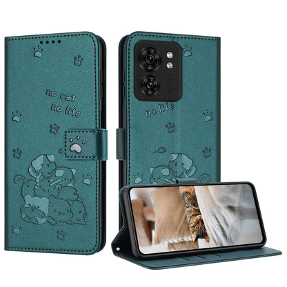 Motorola Edge 40 Embossed Kitten PU Leather Wallet Case with Card Slots, Cash Pocket, Kickstand Function, Wrist Lanyard Strap, Full Protective TPU Flip Cover