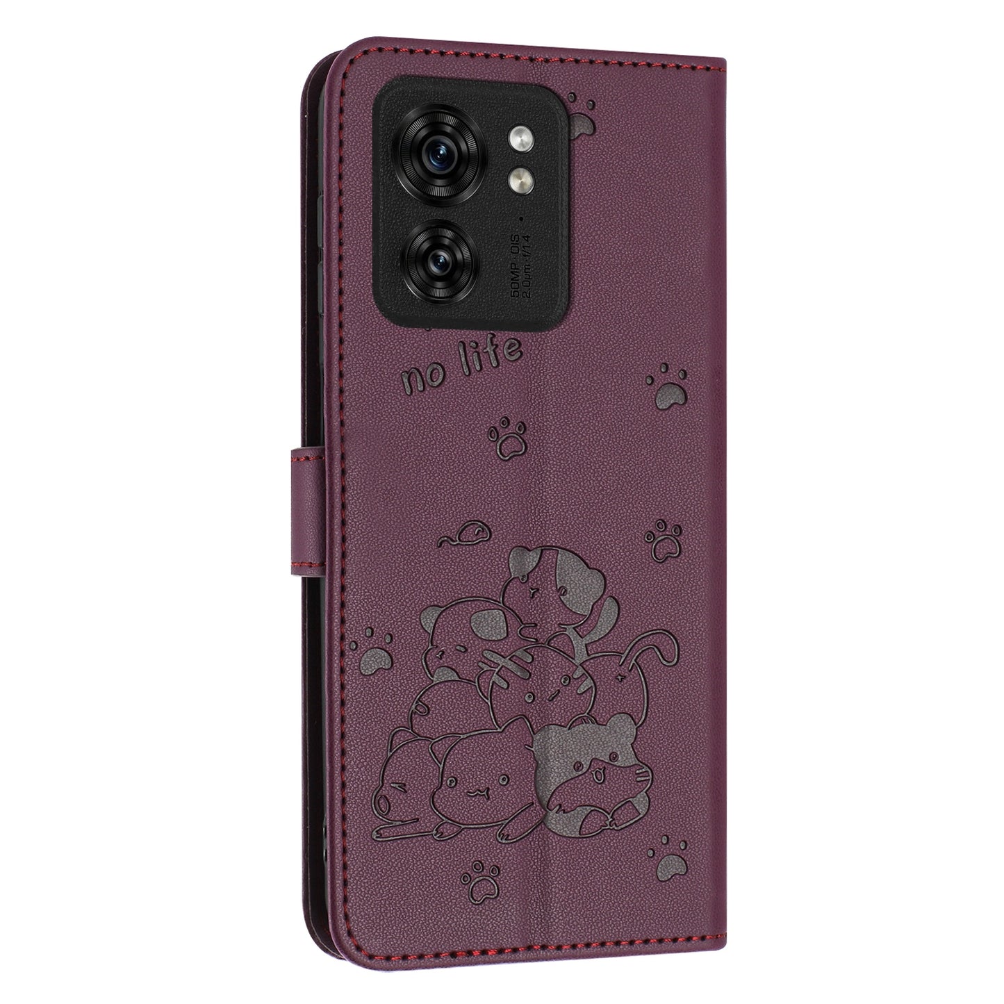 Motorola Edge 40 Embossed Kitten PU Leather Wallet Case with Card Slots, Cash Pocket, Kickstand Function, Wrist Lanyard Strap, Full Protective TPU Flip Cover