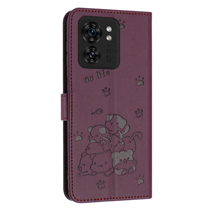 Motorola Edge 40 Embossed Kitten PU Leather Wallet Case with Card Slots, Cash Pocket, Kickstand Function, Wrist Lanyard Strap, Full Protective TPU Flip Cover