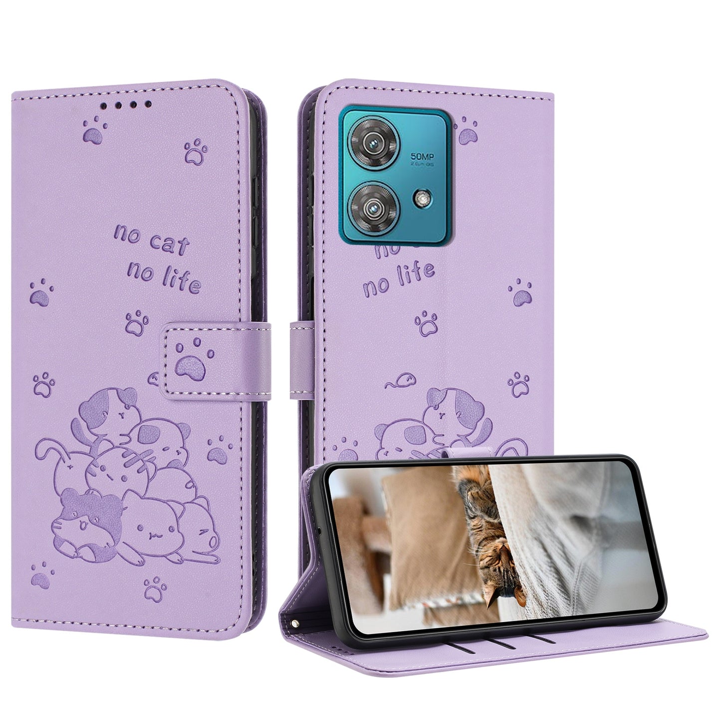 Motorola Edge 40 Neo Embossed Kitten PU Leather Wallet Case with Card Slots, Cash Pocket, Kickstand Function, Wrist Lanyard Strap, Full Protective TPU Flip Cover