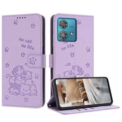 Motorola Edge 40 Neo Embossed Kitten PU Leather Wallet Case with Card Slots, Cash Pocket, Kickstand Function, Wrist Lanyard Strap, Full Protective TPU Flip Cover