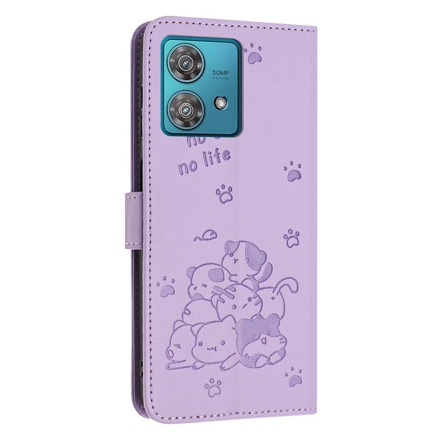 Motorola Edge 40 Neo Embossed Kitten PU Leather Wallet Case with Card Slots, Cash Pocket, Kickstand Function, Wrist Lanyard Strap, Full Protective TPU Flip Cover