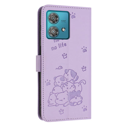Motorola Edge 40 Neo Embossed Kitten PU Leather Wallet Case with Card Slots, Cash Pocket, Kickstand Function, Wrist Lanyard Strap, Full Protective TPU Flip Cover