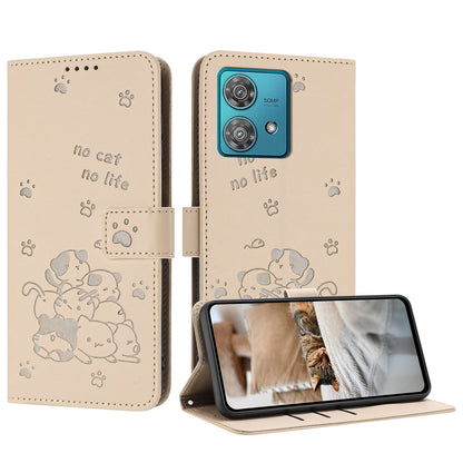 Motorola Edge 40 Neo Embossed Kitten PU Leather Wallet Case with Card Slots, Cash Pocket, Kickstand Function, Wrist Lanyard Strap, Full Protective TPU Flip Cover