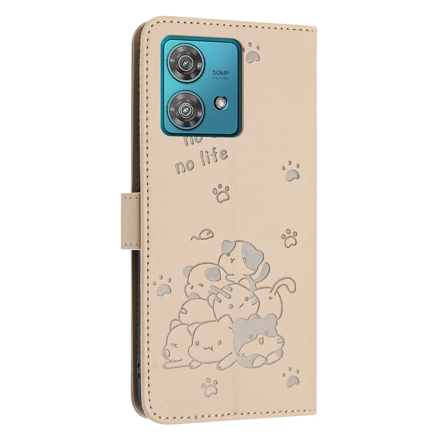 Motorola Edge 40 Neo Embossed Kitten PU Leather Wallet Case with Card Slots, Cash Pocket, Kickstand Function, Wrist Lanyard Strap, Full Protective TPU Flip Cover