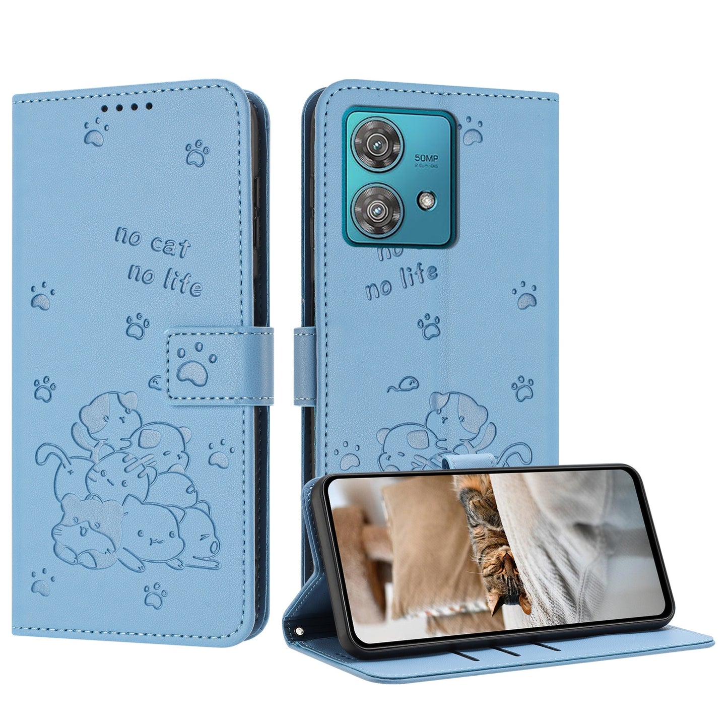 Motorola Edge 40 Neo Embossed Kitten PU Leather Wallet Case with Card Slots, Cash Pocket, Kickstand Function, Wrist Lanyard Strap, Full Protective TPU Flip Cover