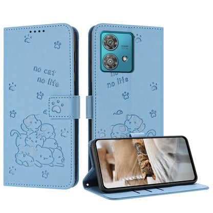 Motorola Edge 40 Neo Embossed Kitten PU Leather Wallet Case with Card Slots, Cash Pocket, Kickstand Function, Wrist Lanyard Strap, Full Protective TPU Flip Cover