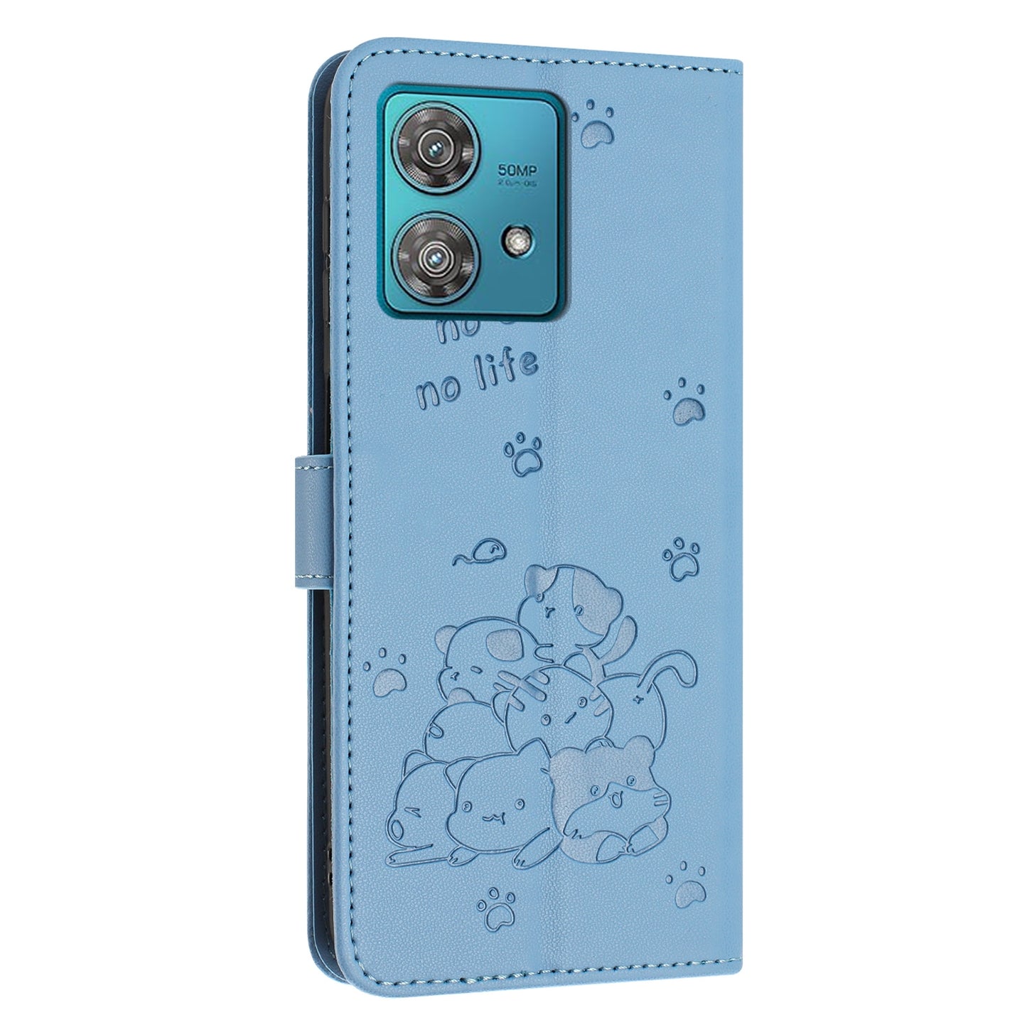 Motorola Edge 40 Neo Embossed Kitten PU Leather Wallet Case with Card Slots, Cash Pocket, Kickstand Function, Wrist Lanyard Strap, Full Protective TPU Flip Cover