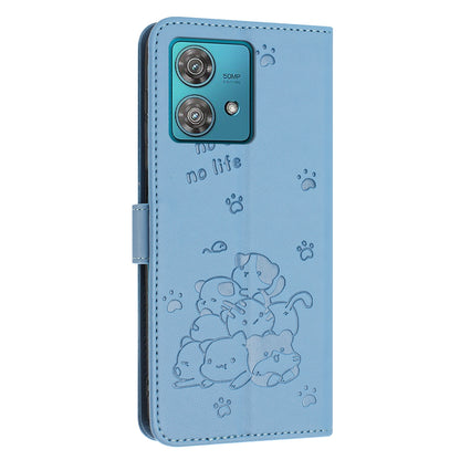 Motorola Edge 40 Neo Embossed Kitten PU Leather Wallet Case with Card Slots, Cash Pocket, Kickstand Function, Wrist Lanyard Strap, Full Protective TPU Flip Cover