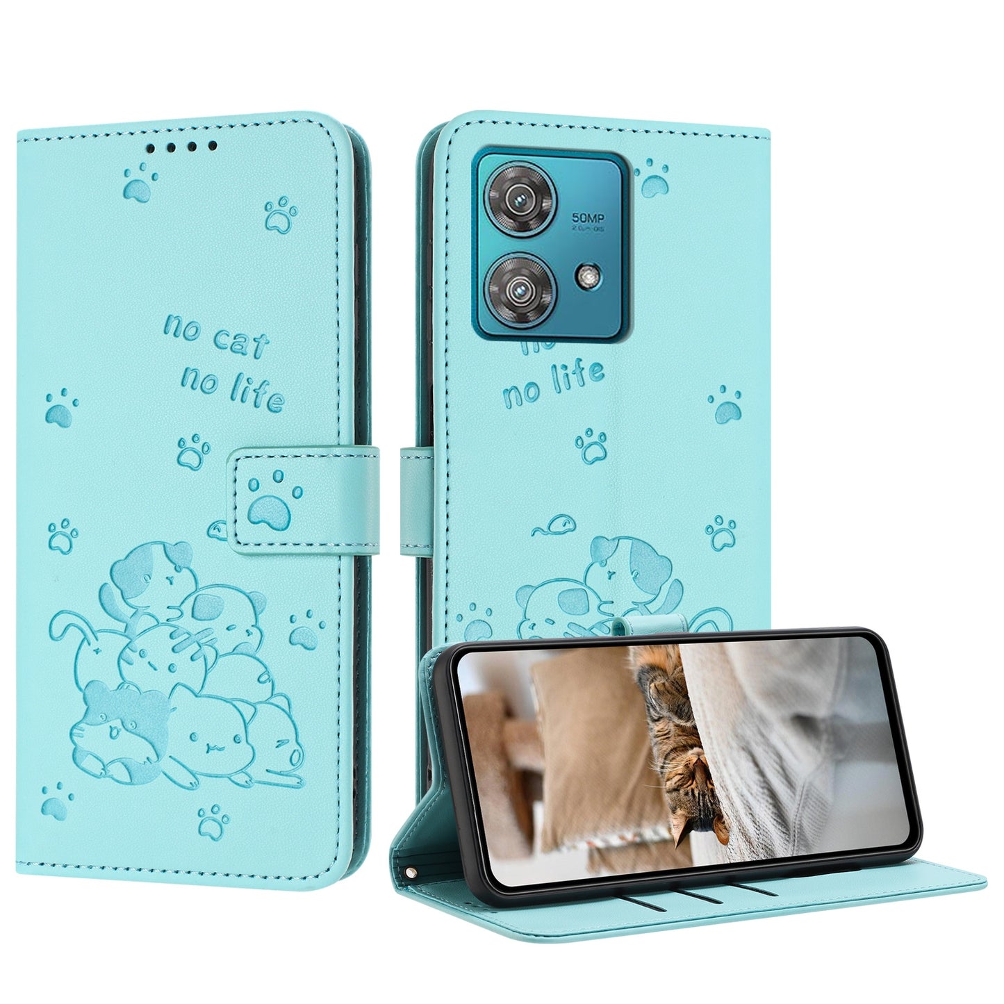 Motorola Edge 40 Neo Embossed Kitten PU Leather Wallet Case with Card Slots, Cash Pocket, Kickstand Function, Wrist Lanyard Strap, Full Protective TPU Flip Cover