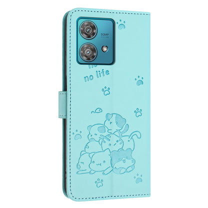 Motorola Edge 40 Neo Embossed Kitten PU Leather Wallet Case with Card Slots, Cash Pocket, Kickstand Function, Wrist Lanyard Strap, Full Protective TPU Flip Cover