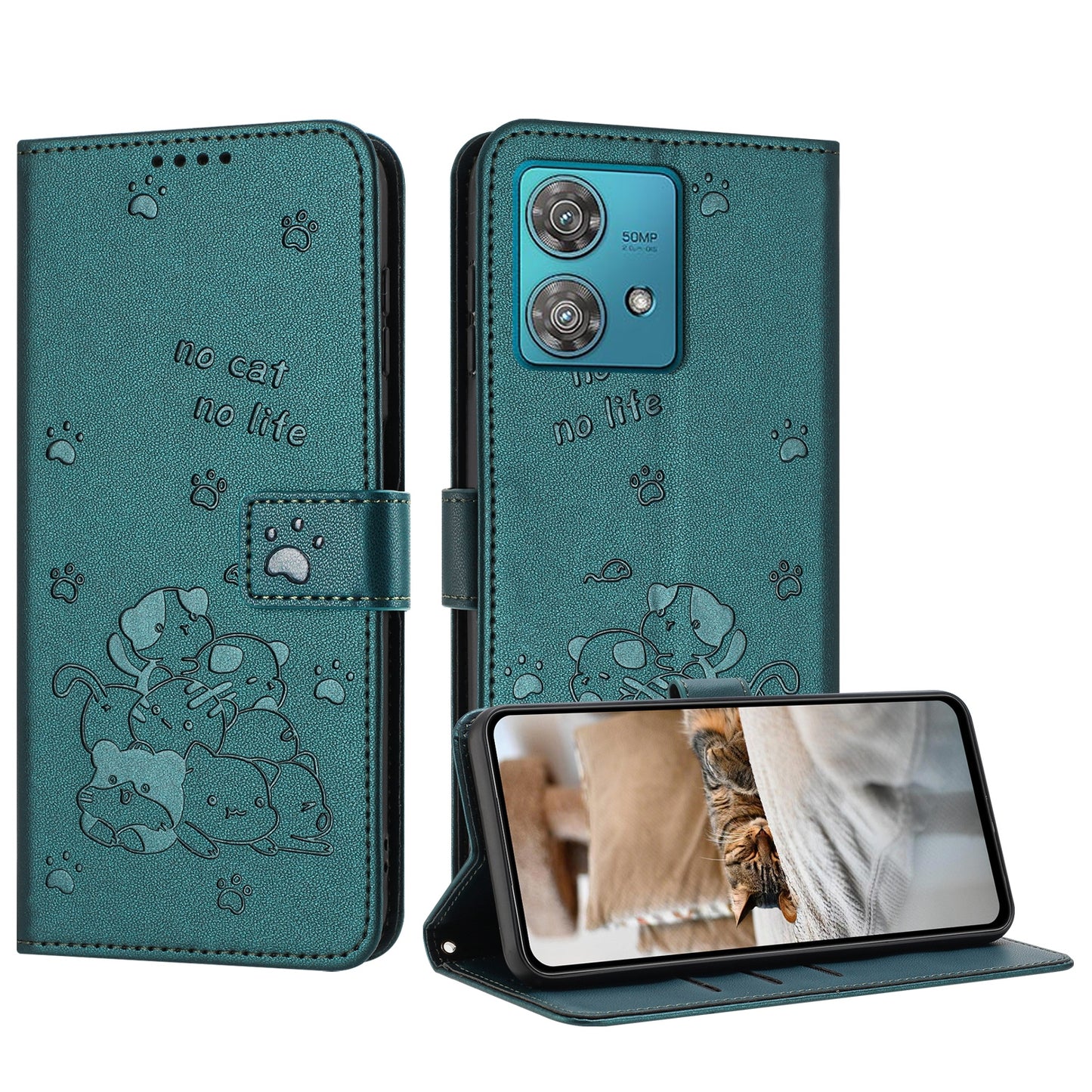 Motorola Edge 40 Neo Embossed Kitten PU Leather Wallet Case with Card Slots, Cash Pocket, Kickstand Function, Wrist Lanyard Strap, Full Protective TPU Flip Cover