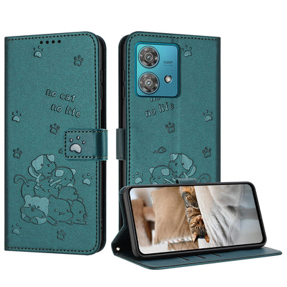Motorola Edge 40 Neo Embossed Kitten PU Leather Wallet Case with Card Slots, Cash Pocket, Kickstand Function, Wrist Lanyard Strap, Full Protective TPU Flip Cover
