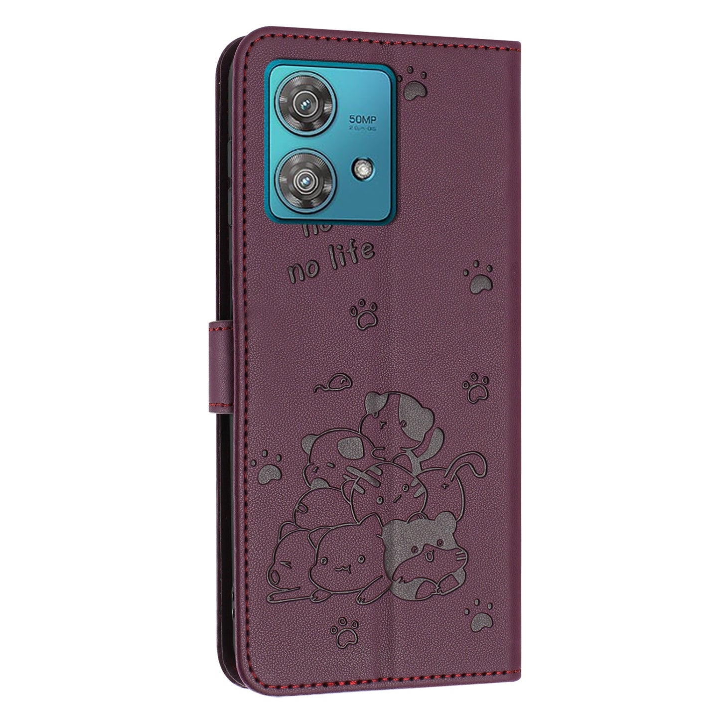 Motorola Edge 40 Neo Embossed Kitten PU Leather Wallet Case with Card Slots, Cash Pocket, Kickstand Function, Wrist Lanyard Strap, Full Protective TPU Flip Cover