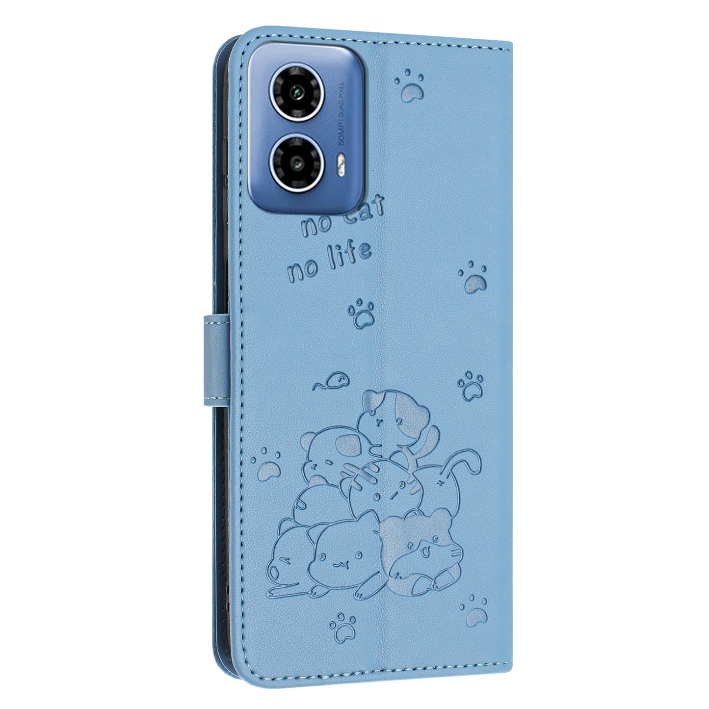 Motorola Edge 50 Fusion Embossed Kitten PU Leather Wallet Case with Card Slots, Cash Pocket, Kickstand Function, Wrist Lanyard Strap, Full Protective TPU Flip Cover