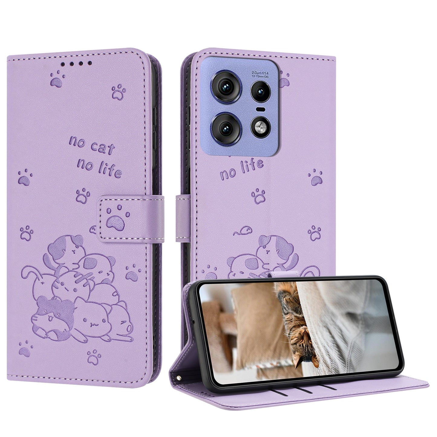 Motorola Edge 50 Pro Embossed Kitten PU Leather Wallet Case with Card Slots, Cash Pocket, Kickstand Function, Wrist Lanyard Strap, Full Protective TPU Flip Cover