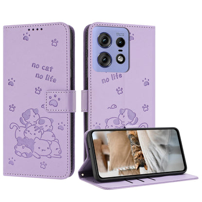 Motorola Edge 50 Pro Embossed Kitten PU Leather Wallet Case with Card Slots, Cash Pocket, Kickstand Function, Wrist Lanyard Strap, Full Protective TPU Flip Cover