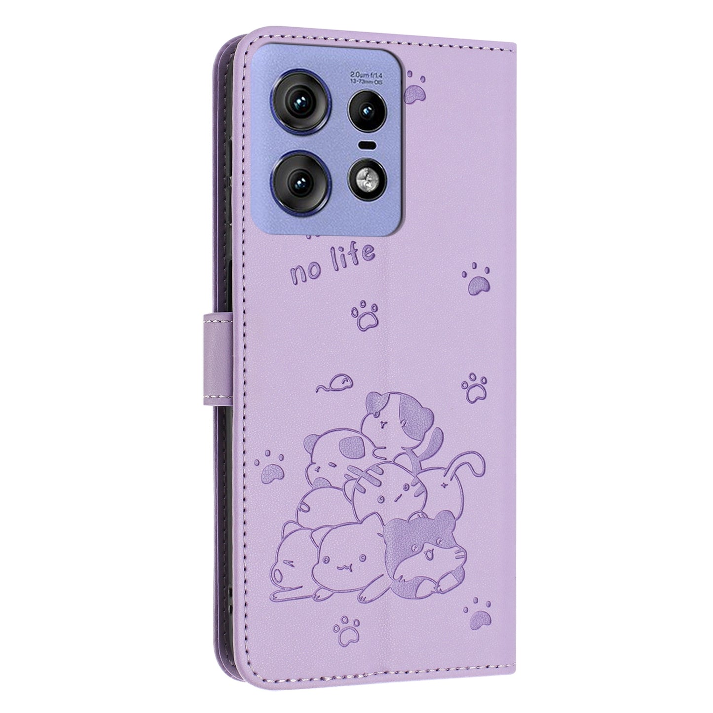 Motorola Edge 50 Pro Embossed Kitten PU Leather Wallet Case with Card Slots, Cash Pocket, Kickstand Function, Wrist Lanyard Strap, Full Protective TPU Flip Cover