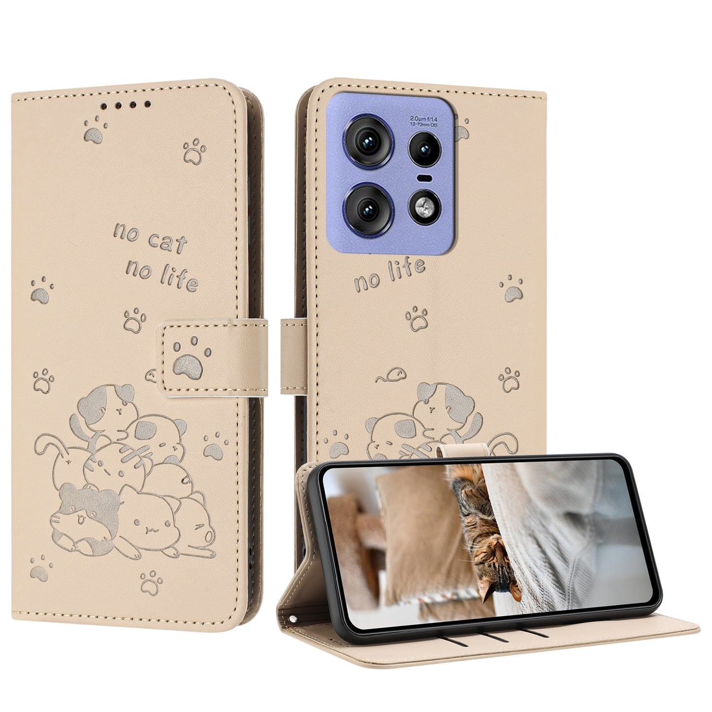 Motorola Edge 50 Pro Embossed Kitten PU Leather Wallet Case with Card Slots, Cash Pocket, Kickstand Function, Wrist Lanyard Strap, Full Protective TPU Flip Cover