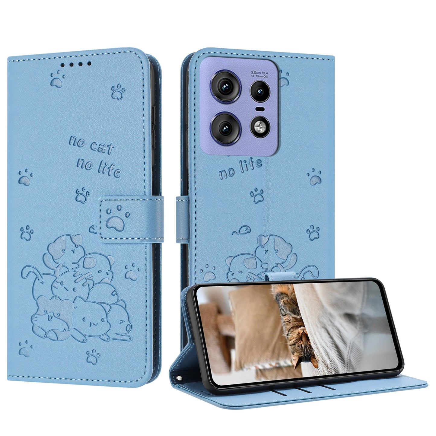 Motorola Edge 50 Pro Embossed Kitten PU Leather Wallet Case with Card Slots, Cash Pocket, Kickstand Function, Wrist Lanyard Strap, Full Protective TPU Flip Cover