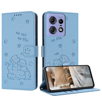 Motorola Edge 50 Pro Embossed Kitten PU Leather Wallet Case with Card Slots, Cash Pocket, Kickstand Function, Wrist Lanyard Strap, Full Protective TPU Flip Cover