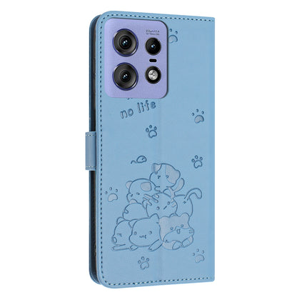 Motorola Edge 50 Pro Embossed Kitten PU Leather Wallet Case with Card Slots, Cash Pocket, Kickstand Function, Wrist Lanyard Strap, Full Protective TPU Flip Cover