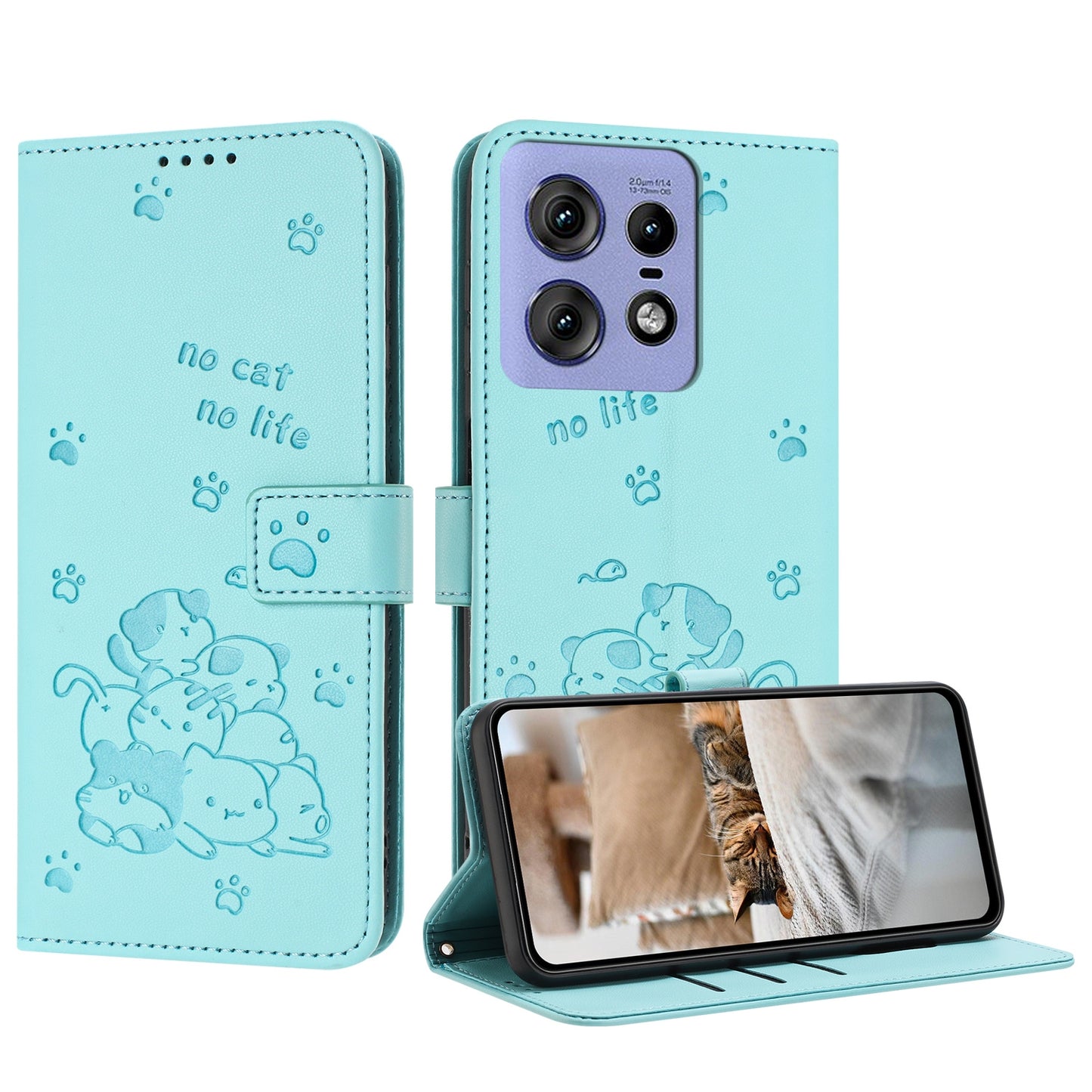 Motorola Edge 50 Pro Embossed Kitten PU Leather Wallet Case with Card Slots, Cash Pocket, Kickstand Function, Wrist Lanyard Strap, Full Protective TPU Flip Cover