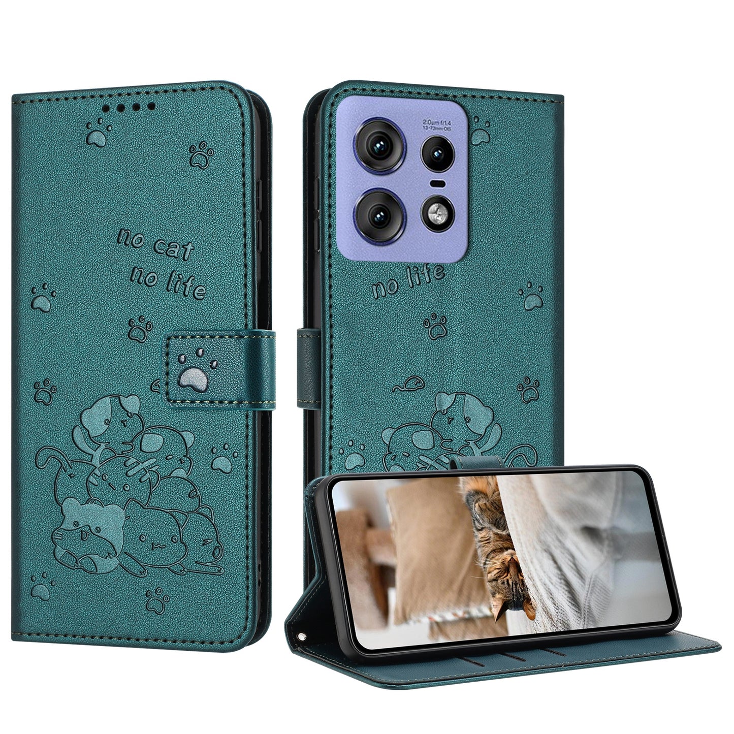 Motorola Edge 50 Pro Embossed Kitten PU Leather Wallet Case with Card Slots, Cash Pocket, Kickstand Function, Wrist Lanyard Strap, Full Protective TPU Flip Cover