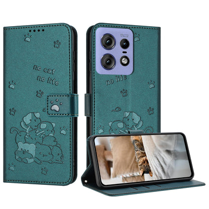 Motorola Edge 50 Pro Embossed Kitten PU Leather Wallet Case with Card Slots, Cash Pocket, Kickstand Function, Wrist Lanyard Strap, Full Protective TPU Flip Cover
