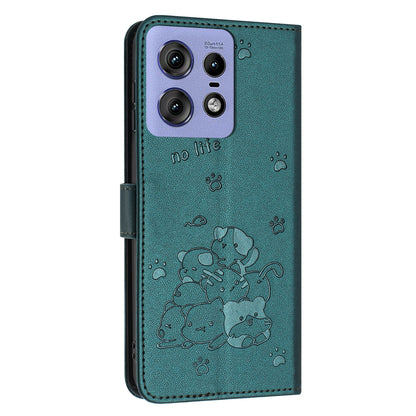 Motorola Edge 50 Pro Embossed Kitten PU Leather Wallet Case with Card Slots, Cash Pocket, Kickstand Function, Wrist Lanyard Strap, Full Protective TPU Flip Cover