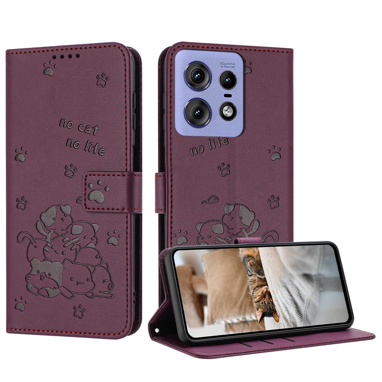 Motorola Edge 50 Pro Embossed Kitten PU Leather Wallet Case with Card Slots, Cash Pocket, Kickstand Function, Wrist Lanyard Strap, Full Protective TPU Flip Cover