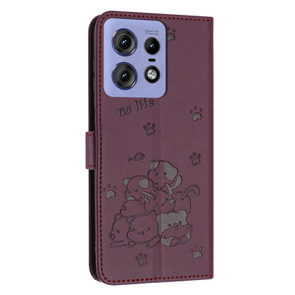 Motorola Edge 50 Pro Embossed Kitten PU Leather Wallet Case with Card Slots, Cash Pocket, Kickstand Function, Wrist Lanyard Strap, Full Protective TPU Flip Cover