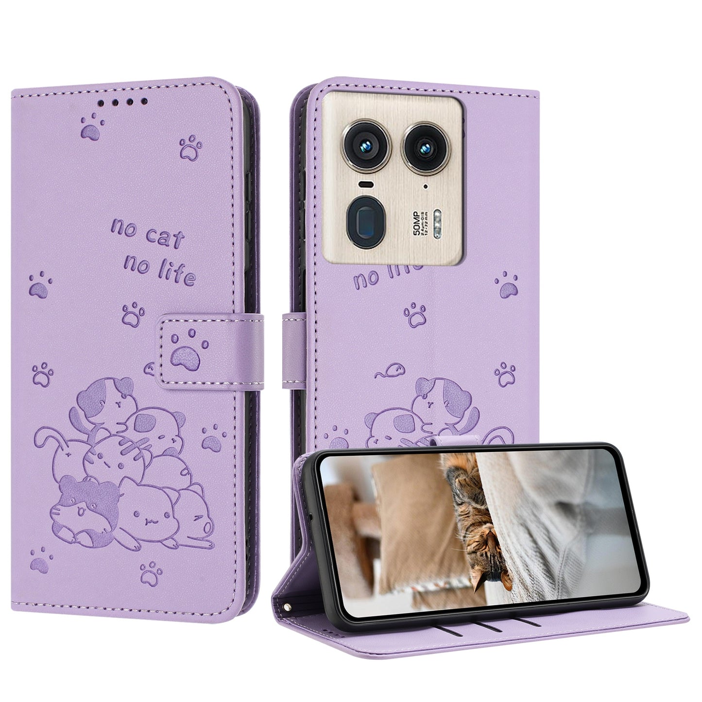 Motorola Edge 50 Ultra Embossed Kitten PU Leather Wallet Case with Card Slots, Cash Pocket, Kickstand Function, Wrist Lanyard Strap, Full Protective TPU Flip Cover