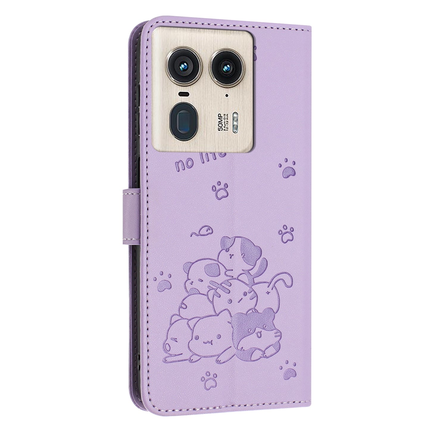 Motorola Edge 50 Ultra Embossed Kitten PU Leather Wallet Case with Card Slots, Cash Pocket, Kickstand Function, Wrist Lanyard Strap, Full Protective TPU Flip Cover